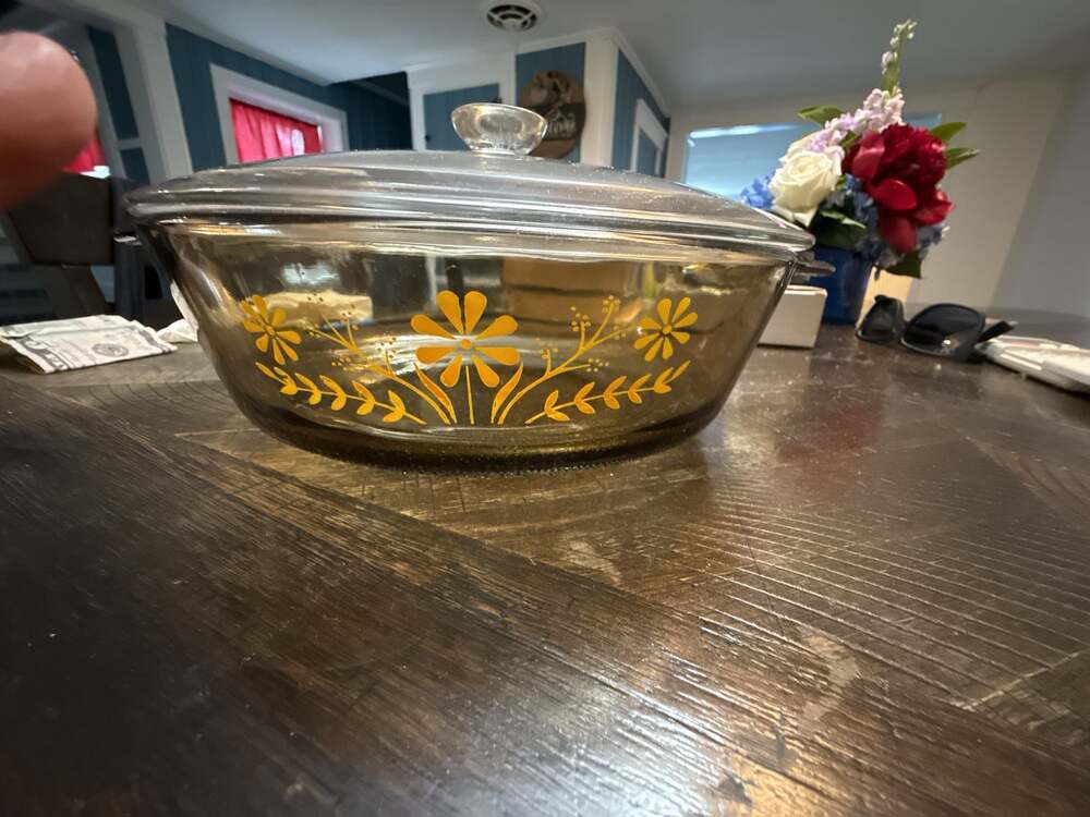 Vintage Pyrex Golden Honeysuckle Amber Glass Casserole Dish with Lid